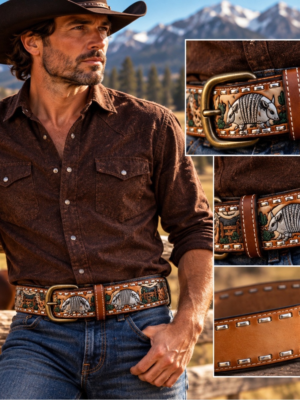 Vintage Dixie Leather Western Belt Armadillo Tooled Leather Made USA 34